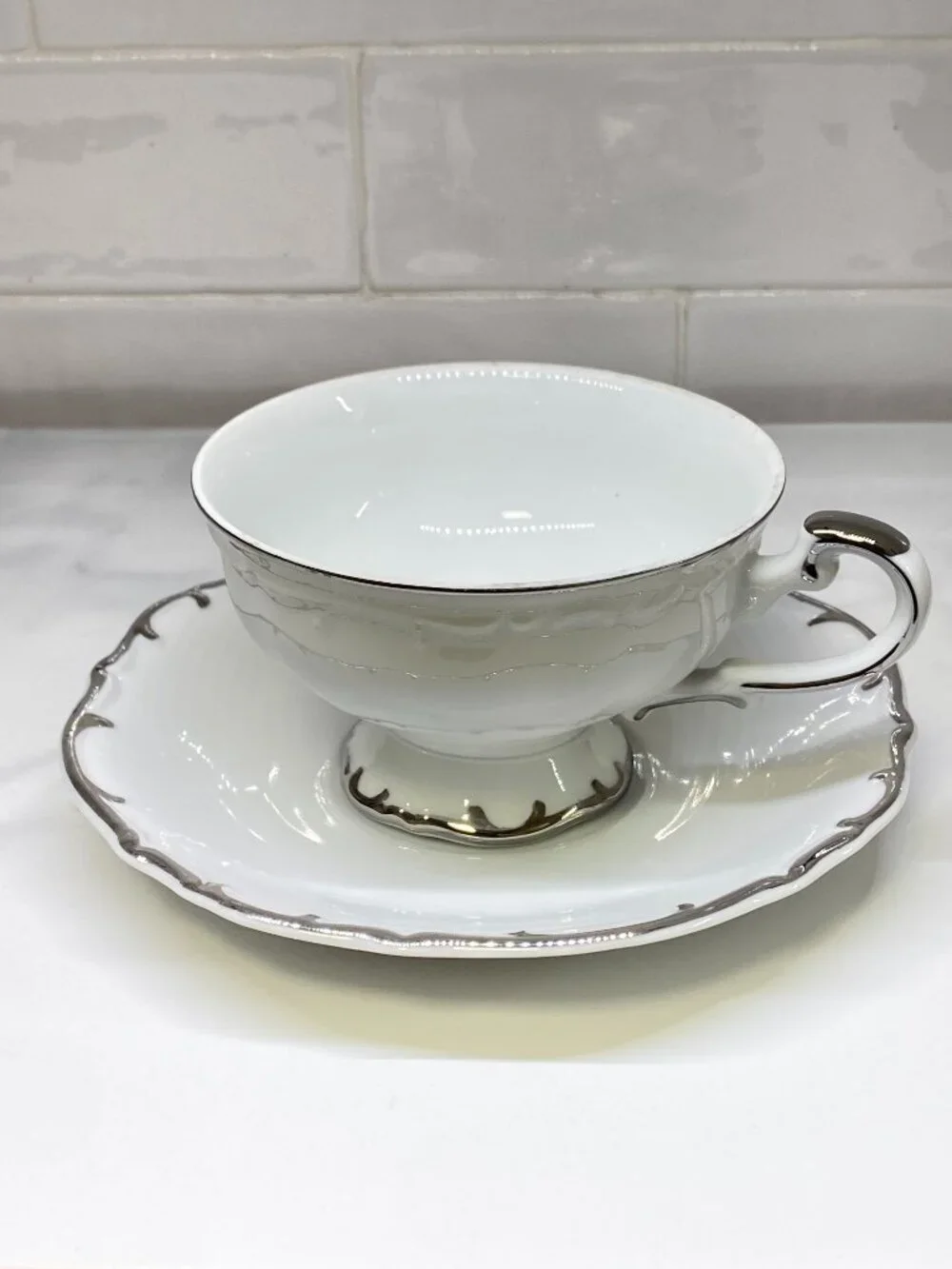 Vintage Bristol Fine China Tea Cup Saucer Set Nativity S-3213 Japan Platinum Tri